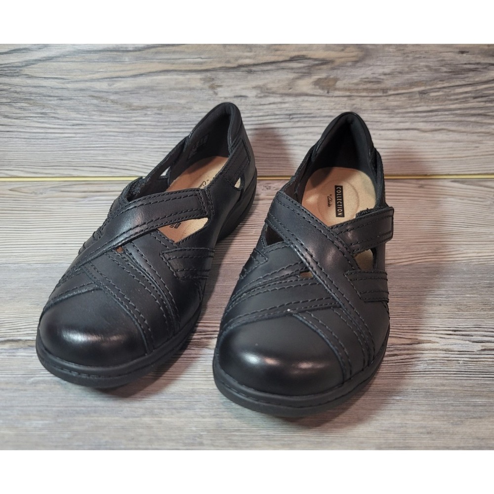 Clarks womans shoes sandals size 6.5 wide Black Leather New in Box